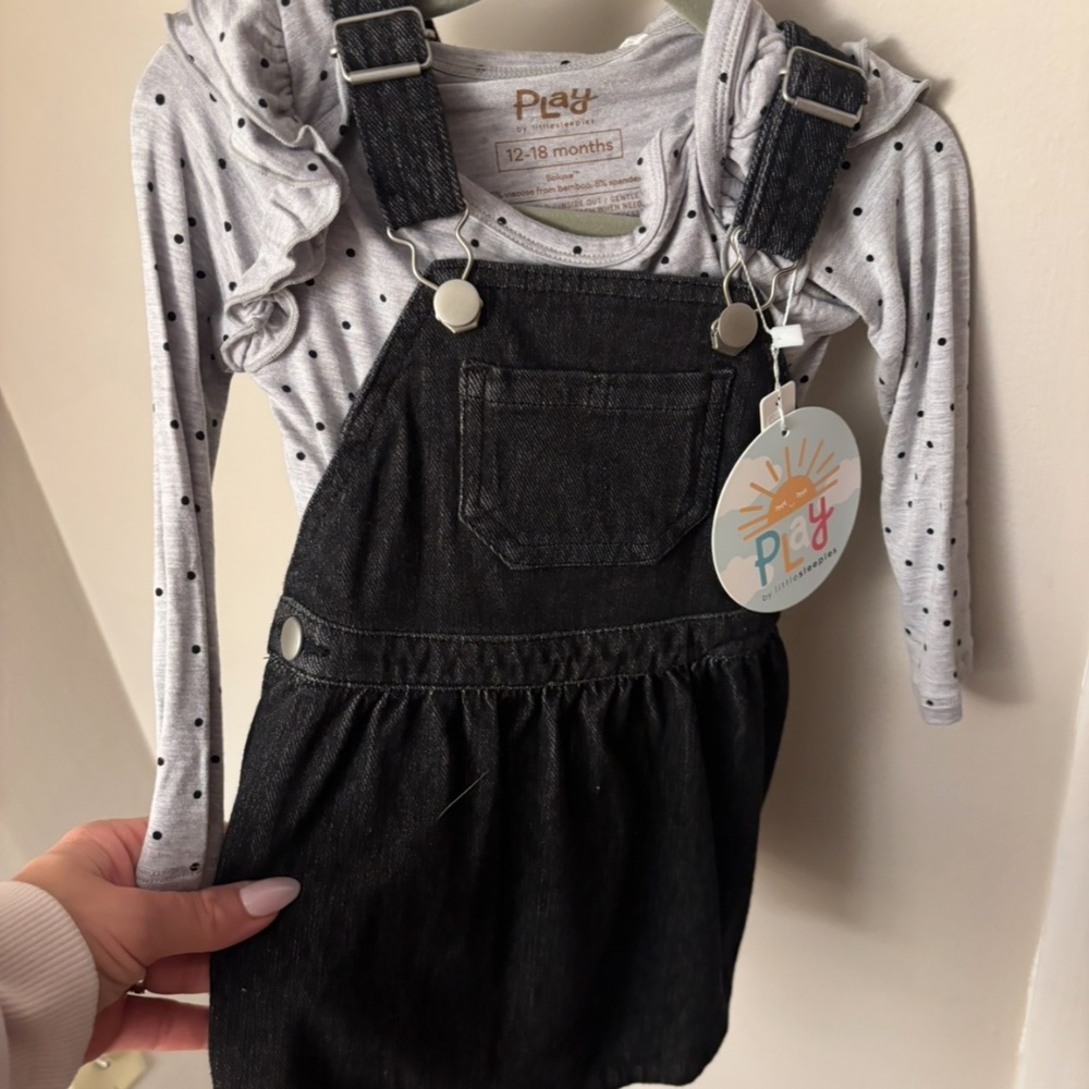 Little sleepies black denim overall dress with coordinating body 12-18